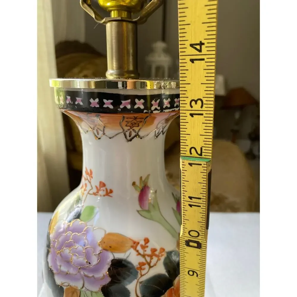 vintage hand-painted porcelain vase table lamp colorful floral brass metal base